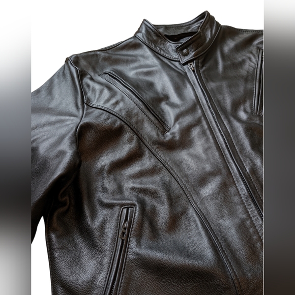 Black Leather Motorcycle Jacket Zippered Riding Jacket Mens Moto Jacket 2XL - Picture 11 of 12